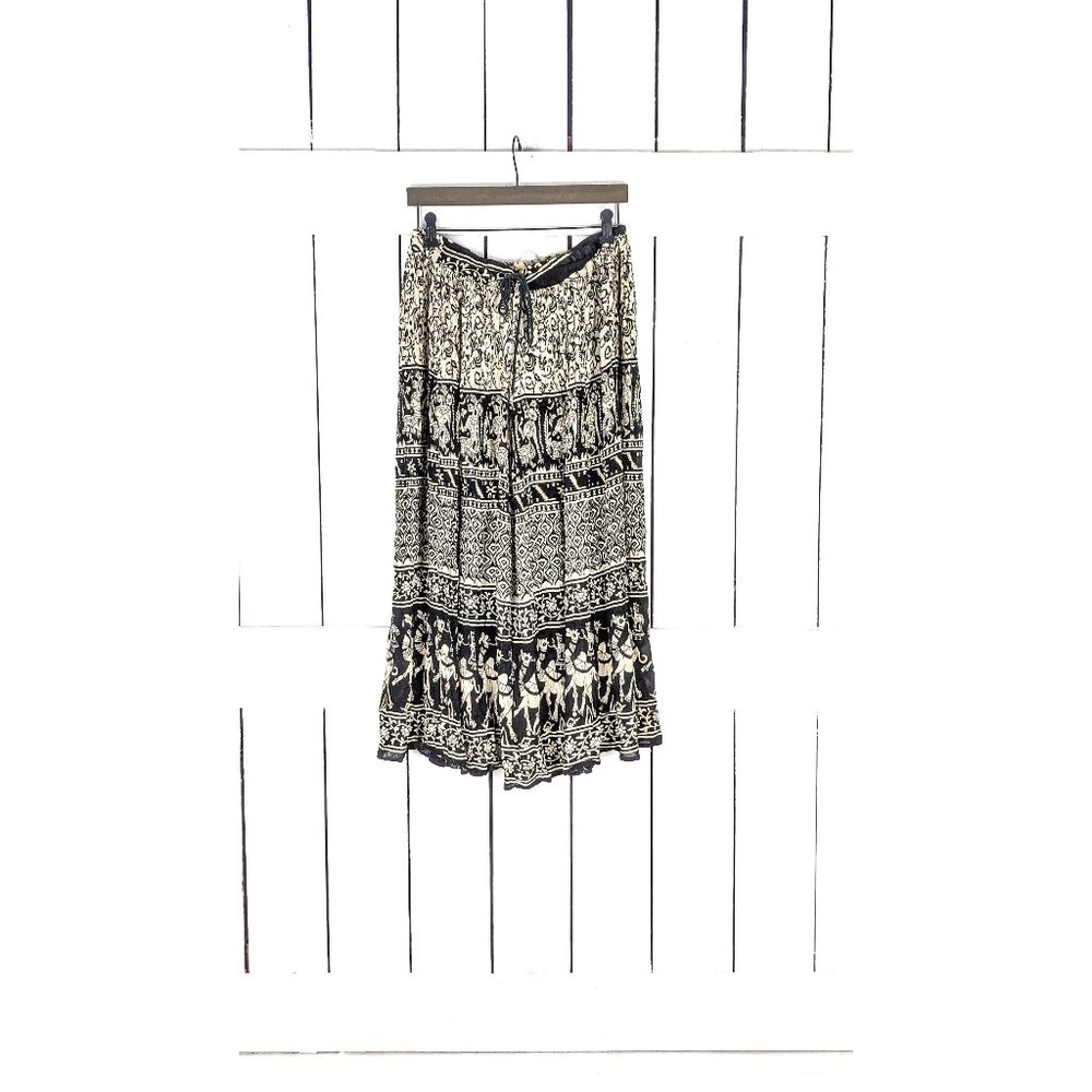 Vintage black beige floral Indian print boho crinkle gauzy stretch waist skirt